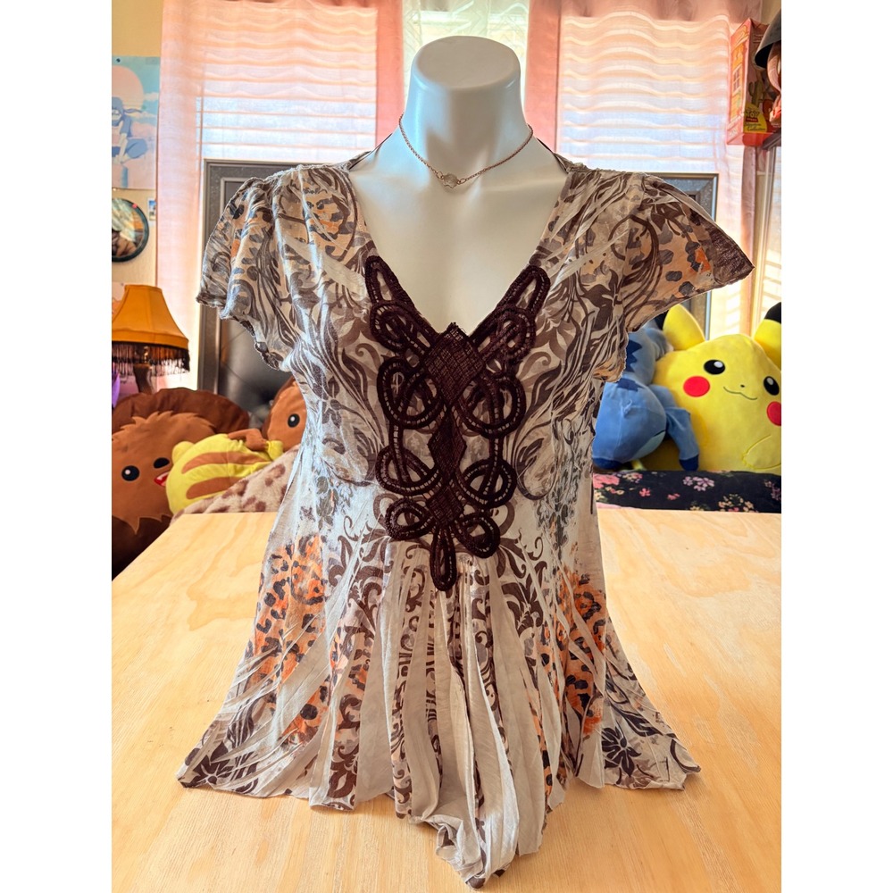 Y2K Fairy Apt 9 Womens Boho Damask Print Crochet Babydoll Top Large